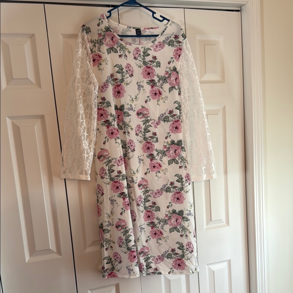 SHEIN Pink and White Long Sleeve Sheath Dress for Wedding Guest